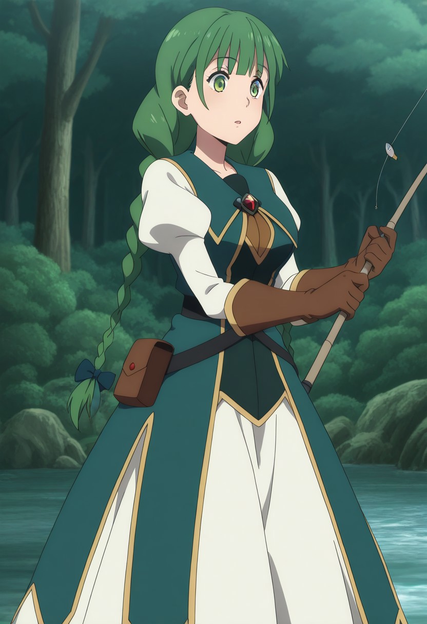 masterpiece, best quality, amazing quality, very aesthetic, high resolution, ultra-detailed, absurdres, 1girl, solo, rishia ivyred, long hair, bow, green eyes, braid, hair bow, green hair, twin braids, mature female, medium breasts, anime screencap, gloves, dress, brown gloves, green dress, skirt, white skirt, puffy sleeves, stream, forest, fishing,