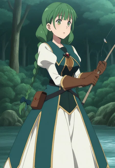 masterpiece, best quality, amazing quality, very aesthetic, high resolution, ultra-detailed, absurdres, 1girl, solo, rishia ivyred, long hair, bow, green eyes, braid, hair bow, green hair, twin braids, mature female, medium breasts, anime screencap, gloves, dress, brown gloves, green dress, skirt, white skirt, puffy sleeves, stream, forest, fishing,