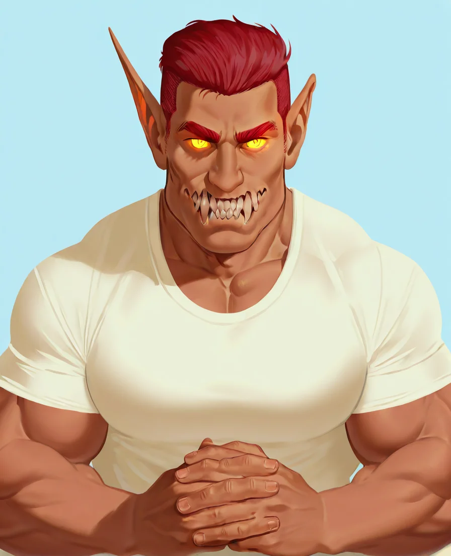 1boy, muscular male, oc_butch, handsome, shirt, red hair, pointy ears, short hair, teeth, glowing eyes, mature male, yellow eyes, sharp teeth, colored skin, thick eyebrows, manly
, five digits, very awa, masterpiece, best quality, absurdres, newest, perfect quality, intricate details, detailed face
, <lora:m-d-000021:1>
, <lora:edgNanosuitILS:0.9>