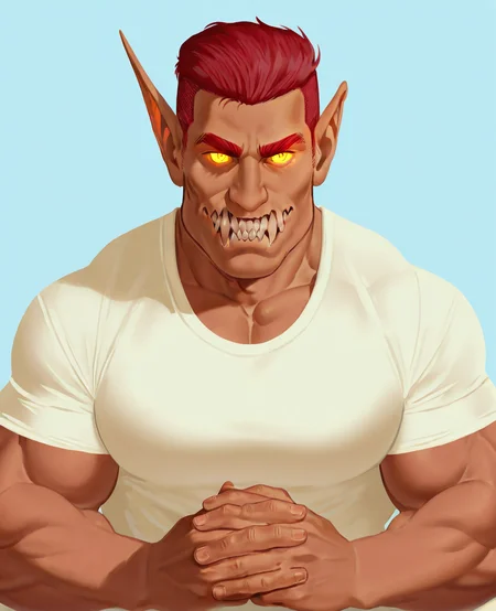 1boy, muscular male, oc_butch, handsome, shirt, red hair, pointy ears, short hair, teeth, glowing eyes, mature male, yellow eyes, sharp teeth, colored skin, thick eyebrows, manly
, five digits, very awa, masterpiece, best quality, absurdres, newest, perfect quality, intricate details, detailed face
, <lora:m-d-000021:1>
, <lora:edgNanosuitILS:0.9>