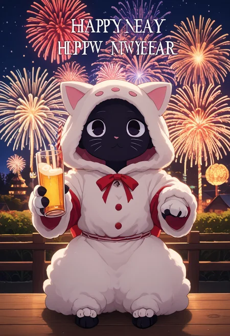 highly detailed, fine fabric detail, absurdres, highly-detailed, best quality, masterpiece, very aesthetic,anime screencap, merry_furistmas, komi shouko,, (no mouth,Cat cosplay:1.4), big eyes, ,Generate an adorable image of a fluffy sheep wearing a glittery 'Happy New Year' sash, holding a glass of sparkling juice under a starry sky with fireworks in the background. Keywords: fluffy, sheep, Happy New Year, fireworks, adorable., fluffy_new_year, merry_furistmas