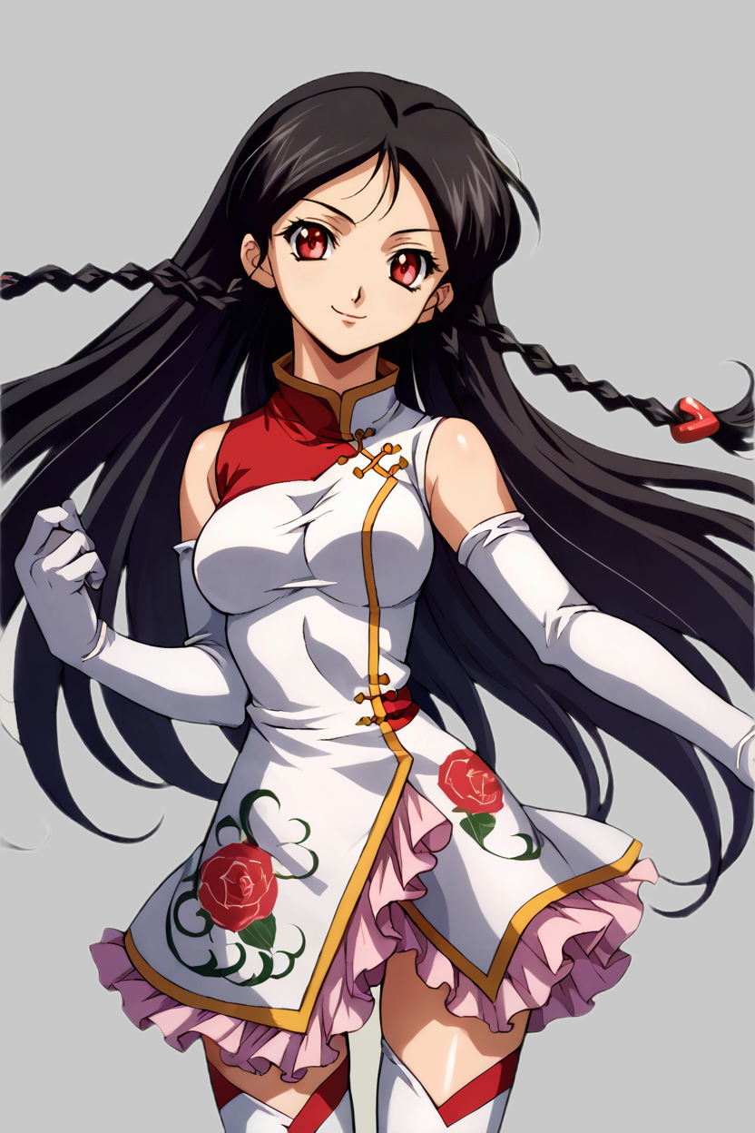 score_9, score_8_up, score_7_up, source_anime BREAK 1girl, solo, kg_tweedledee, 1990s\(style)\, china dress, frills, white gloves, elbow globes, white thighhighs, black hair, long hair, twin braids, red eyes, looking at you, smile, cowboy shot, simple background <lora:kg_tweedledee:1>