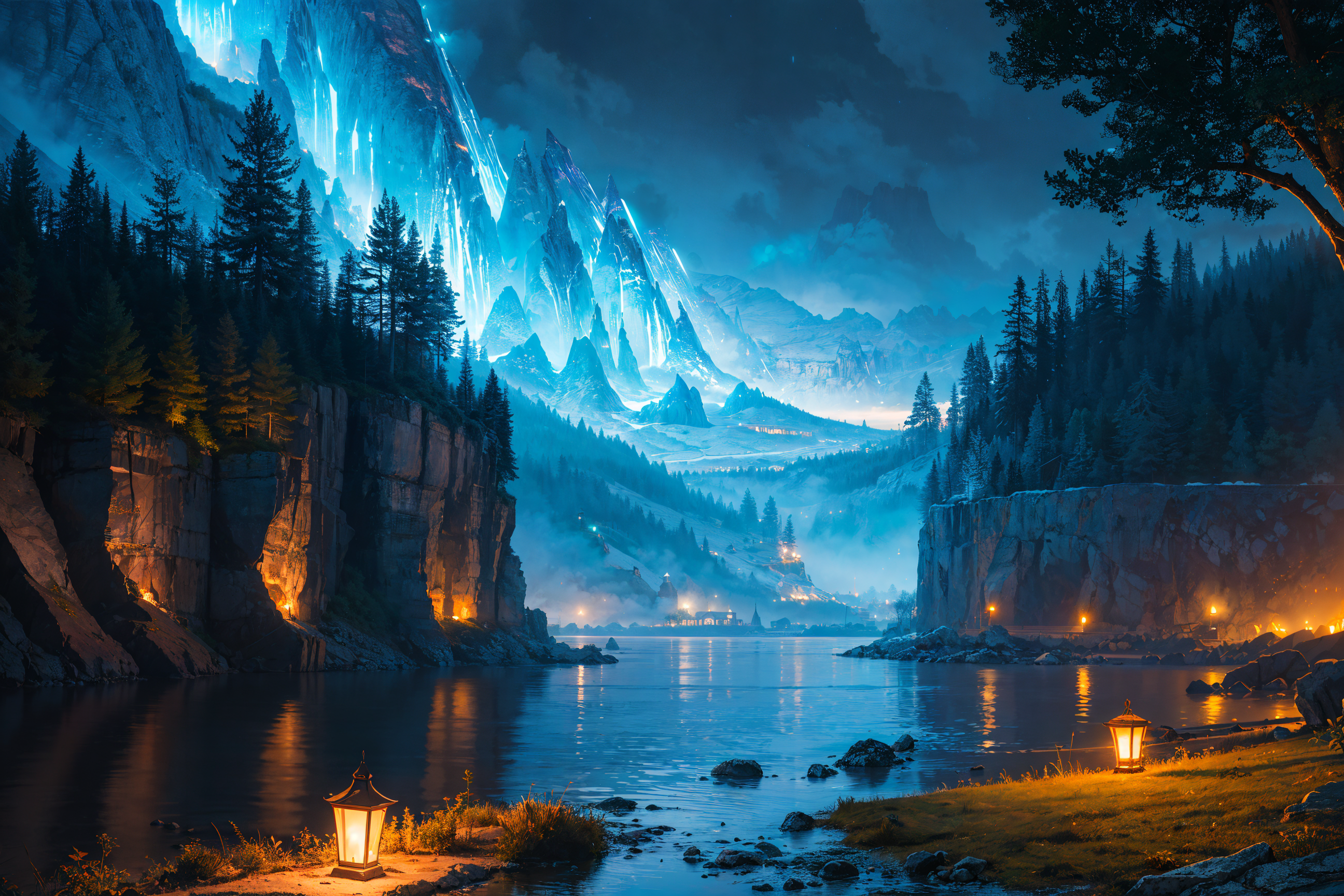best quality, masterpiece, beautiful wild and natural fantasy landscape with glowing lights