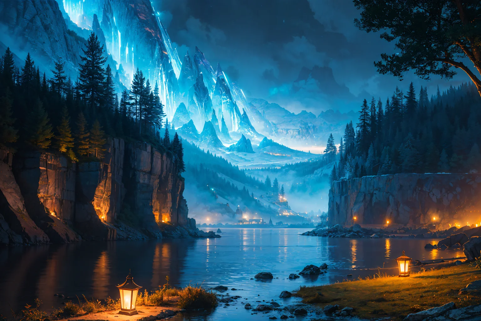 best quality, masterpiece, beautiful wild and natural fantasy landscape with glowing lights