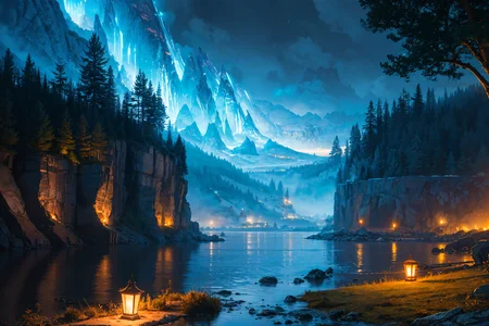 best quality, masterpiece, beautiful wild and natural fantasy landscape with glowing lights