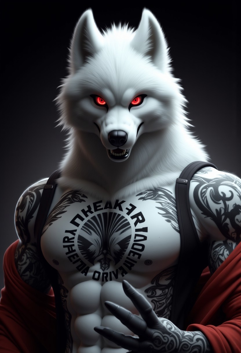 solo, furry anthro white wolf male, Yakuza style, detailed fur texture, (realistic face and red eyes), intricate tattoos, (yakuza symbol:1.4), (sharp claws), piercing gaze, dark background, masterpiece, (by F-R95, by Hioshiru, by einshelm),