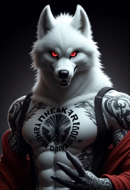 solo, furry anthro white wolf male, Yakuza style, detailed fur texture, (realistic face and red eyes), intricate tattoos, (yakuza symbol:1.4), (sharp claws), piercing gaze, dark background, masterpiece, (by F-R95, by Hioshiru, by einshelm),