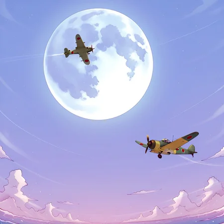 (soranamae_style),supermarine spitfire), sky,moon, no humans, <lora:Soranamae_style_IllustriousV2:1>