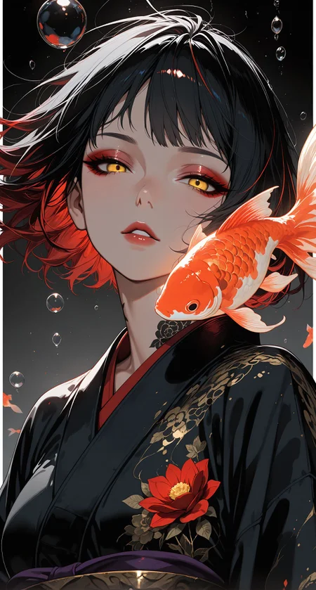 black background,simple background,Volumetric Lighting,looking at the viewer,glowing,1girl,fish,goldfish,black hair,bubble,yellow eyes,solo,makeup,multicolored hair,short hair,japanese clothes,kimono,eyeshadow,koi,red hair,flower,black kimono,streaked hair,upper body,parted lips,air bubble,tattoo,grey background,red flower,eyeliner,white border,, masterpiece,best quality,amazing quality,high quality, newest, highres,8K,HDR,absurdres,vibrant colors,Volumetric lighting,cinematic,
<lora:iLLMythM4gicalL1nes:0.4>,m4gicall1nes,<lora:Sinozick_style:0.4>,sinozick_illu,zPDXL2,