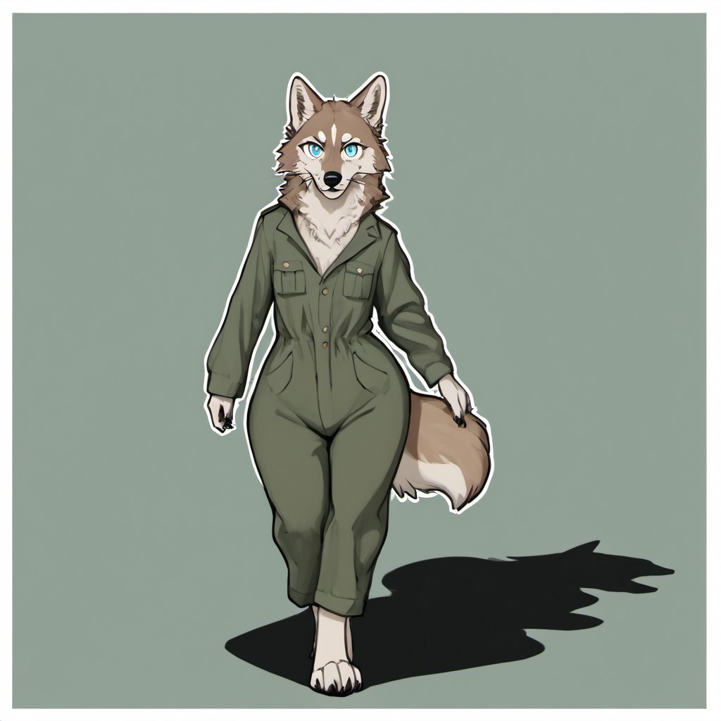 score_9, score_8_up, score_7_up, source_furry, detailed face, detailed eyes, incredible detail BREAK 1girl, solo, anthro, wide shot (furry female, wolf, light brown fur, monotone fur, light blue eyes,slightly wide hips, small breasts), black nose, whiskers, ear flop, solo, looking at viewer, telegramstickerxl, white outline, drop shadow, simple background, green background, telegram sticker, cartoon style, full body, hunter outfit, archer