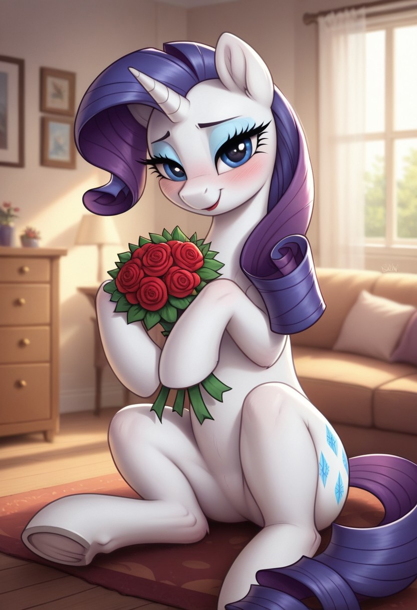 score_9, score_8_up, score_7_up, score_6_up, pony, unicorn, feral, mare, solo, (rarity), seduce, seducing, horny face, inviting look, no breasts, living room, indoors, (sunny day), tail, photo_realistic, blushing female, looking at you, dynamic pose, dramatic angle, face focus, (bouquet of roses, holding bouquet with hooves), (sitting)