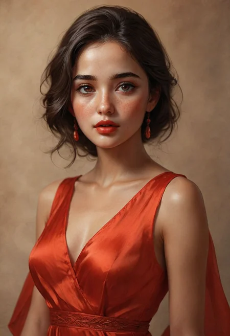 on parchment,"Ilya Kuvshinov" style.
Portrait of "Gorgeous girl With ((grey))  Eyes". red silk dress,
intricate details, (depth of field,bokeh:1.2), full-body photograph , cute girl, adorable, petite, black hair, long flowing hair, innocent, perfect face, beautiful face, glowing brown eyes, bttrfrckl, freckles on face, freckles on body, bimbo lips, red silk . Ray-Tracing. Anti-Aliasing. Realistic soft shadows. Low saturation colors. Insane quality. Insane resolution. Insane details. Masterpiece. 32k resolution.