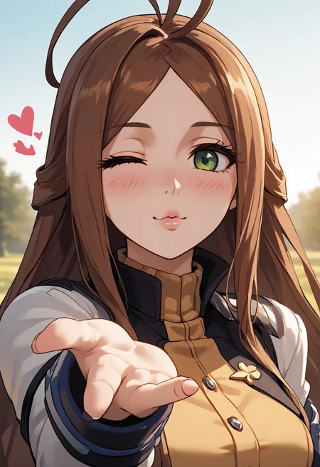 score_4,score_5,score_6,score_7_up,score_8_up,score_9 ((masterpiece,best quality,ultra detailed,highres,HD,4k:1.2)),
1girl, solo,solo focus,girl focus,face focus,
(Normal), very long hair,brown hair,antenna hair,green eyes,large breast,
outdoor,
<lora:blowing-kiss-ponyxl-lora-nochekaiser:1>, blowing kiss, pucked lips, heart, one eye closed, o3o, looking at viewer, hand up,Pouting lips,pointing fingertips towards viewer, blush,shy,smile,Half-closed eyes, squinting, staring,jitome,
