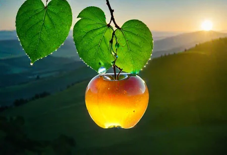 a delicate apple made of opal hung on branch  in the early morning light, adorned with glistening dewdrops. in the background beautiful valleys, divine iridescent glowing, opalescent textures, volumetric light, ethereal, sparkling, light inside body, bioluminescence, studio photo, highly detailed, sharp focus