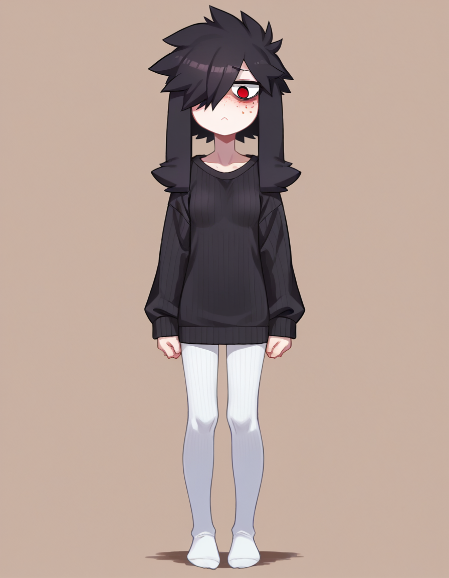 zPDXL, score_9, score_8_up, score_7_up, source_anime, 1girl, solo, 
<lora:Cotton_v2:0.8> ribbed tights, white legwear, no shoes, black sweater,, <lora:Furfrou_v2:0.8> furfrou, (dog ears, dog tail, dog girl), black fur, white skin, red eyes, jitome, bags under eyes, small breasts, freckles, hair over one eye, body freckles, half-closed eyes