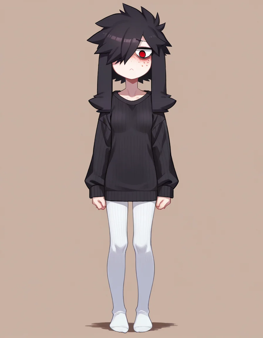 zPDXL, score_9, score_8_up, score_7_up, source_anime, 1girl, solo,
<lora:Cotton_v2:0.8> ribbed tights, white legwear, no shoes, black sweater,, <lora:Furfrou_v2:0.8> furfrou, (dog ears, dog tail, dog girl), black fur, white skin, red eyes, jitome, bags under eyes, small breasts, freckles, hair over one eye, body freckles, half-closed eyes