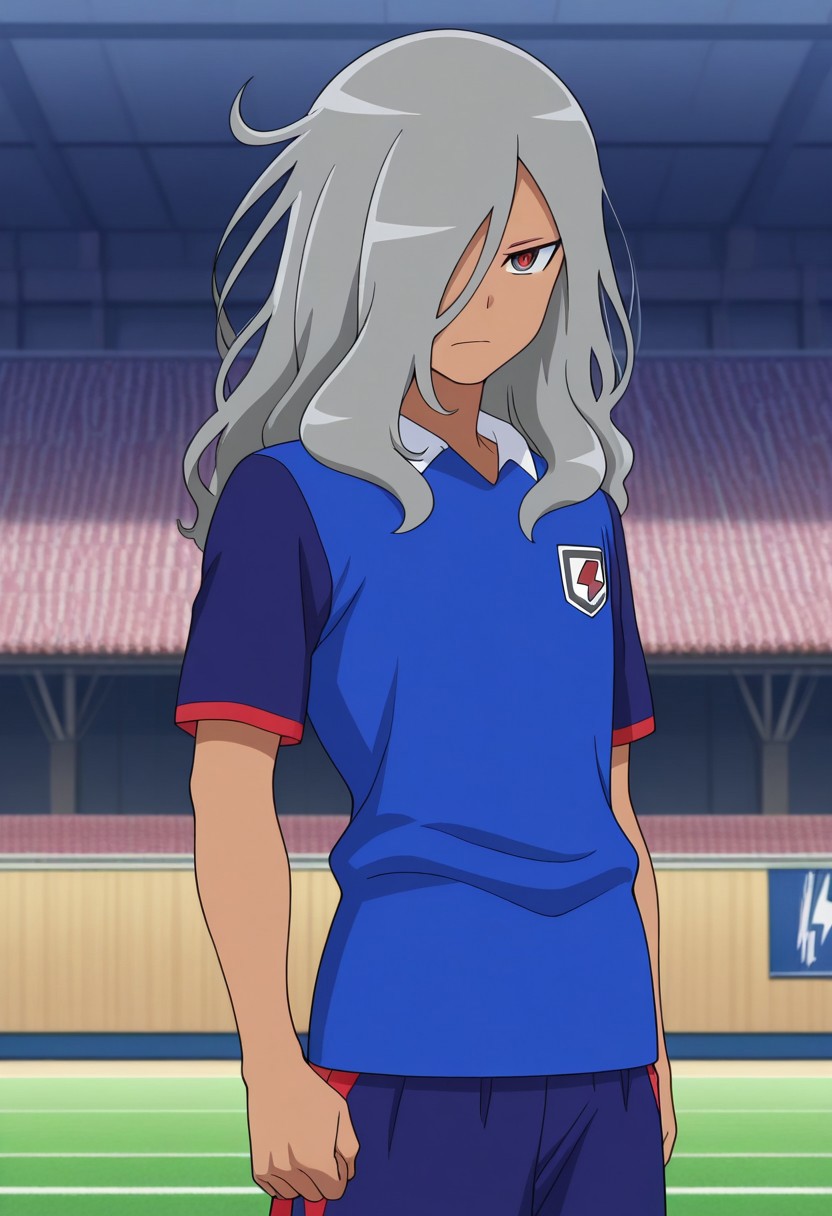 masterpiece,best quality,amazing quality, source_anime,
HaizakiRyouhei, 1boy, male focus, solo, dark skin, dark-skinned male, red eyes, grey hair, long hair, hair over one eye, orion soccer uniform, shirt, blue shirt, popped collar, raglan sleeves, short sleeves, shorts, blue shorts,
outdoor,