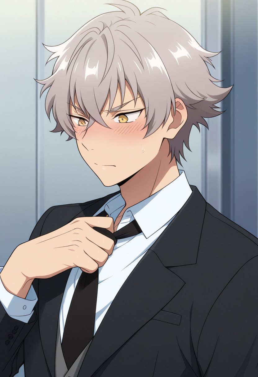 masterpiece,best quality,amazing quality, source_anime, 
kogaoogami, 1boy, male focus, solo, yellow eyes, grey hair, formal, shirt, white shirt, collared shirt, necktie, black necktie, jacket, black jacket, adjusting necktie, blush,