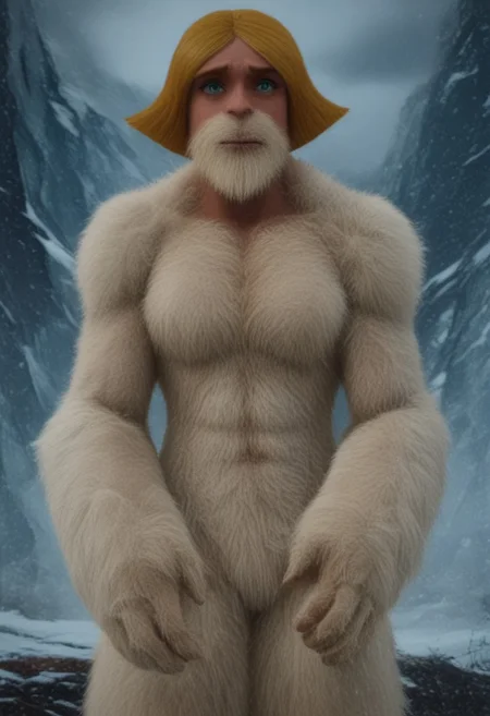 @brtlmss1, tall, muscular, thick limbs, large (kala:0.3) source_cartoon, cartoon_source, dark skin, yeti, bigsquatch, clover \(totally spies\), blonde hair, short hair, blue eye, on a mountain, blonde fur, female bigfoot, sasquatch, looking at viewer, breasts, sad gaze, detailed face, hairy body, detailed eyes, (detailed hands), detailed fingers, Shallow Depth of Field, hairy, FURRY BODY, yeti, (abominable snowman),  very big feet,  beard, covered in yellow fur,