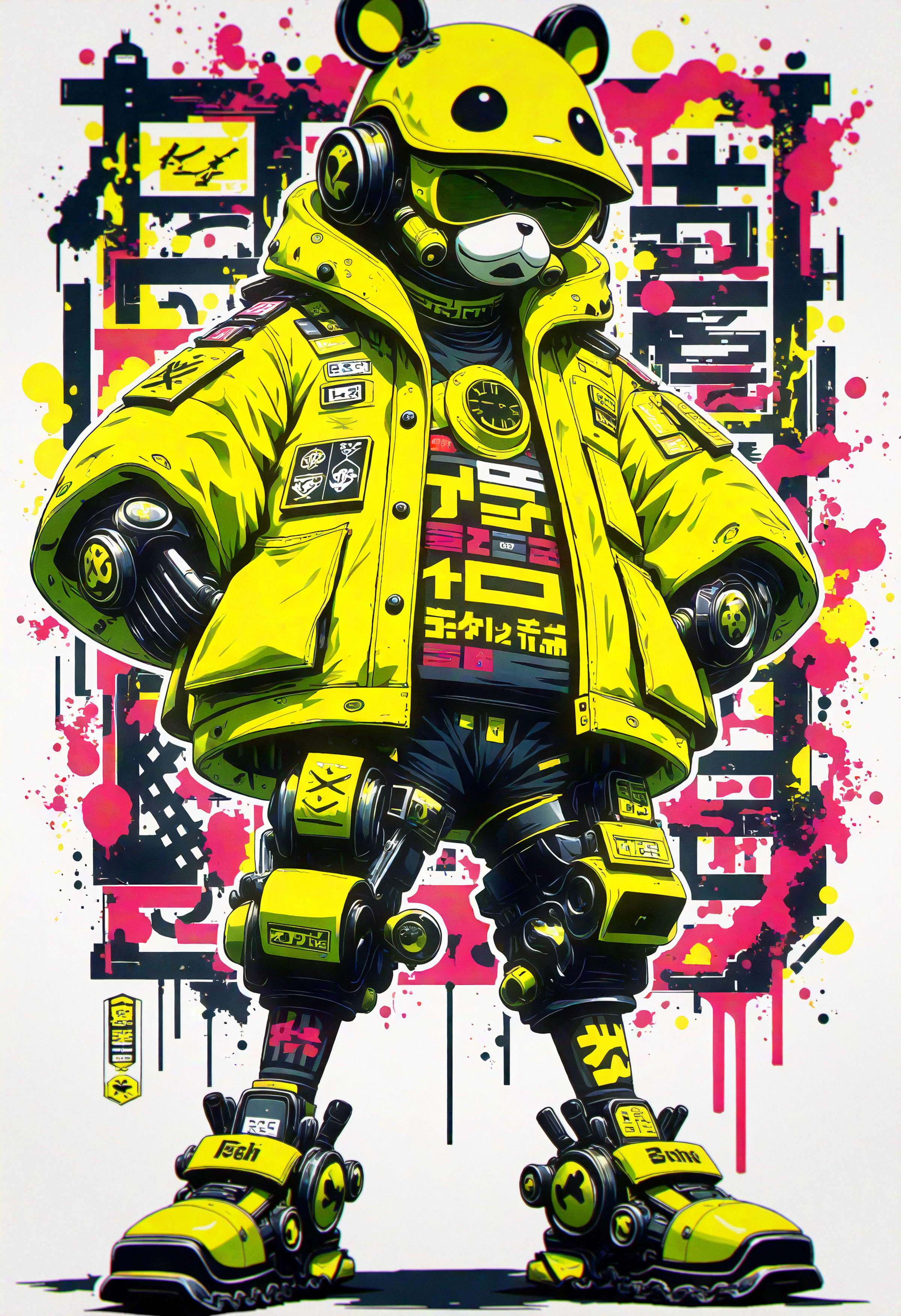 bo-cpposter,  A futuristic character standing confidently, wearing an oversized yellow jacket with various patches and symbols, complemented by robotic arm details and a playful panda-themed helmet. The character's lower body features a mix of mechanical and athletic elements, highlighted by black and yellow gear. The background is a vibrant urban setting filled with abstract graffiti and splashes of color, evoking a sense of rebellion and creativity. The overall aesthetic is a blend of cyberpunk and street art, with high contrast between the yellow outfit and the darker, detailed background. The scene is richly textured, using a hyperrealistic style that enhances the character's bold features and the dynamic patterns surrounding them. , <lora:Flux\boFLUX Cyberpunk Poster.safetensors:1.4000000000000001:1.4000000000000001>