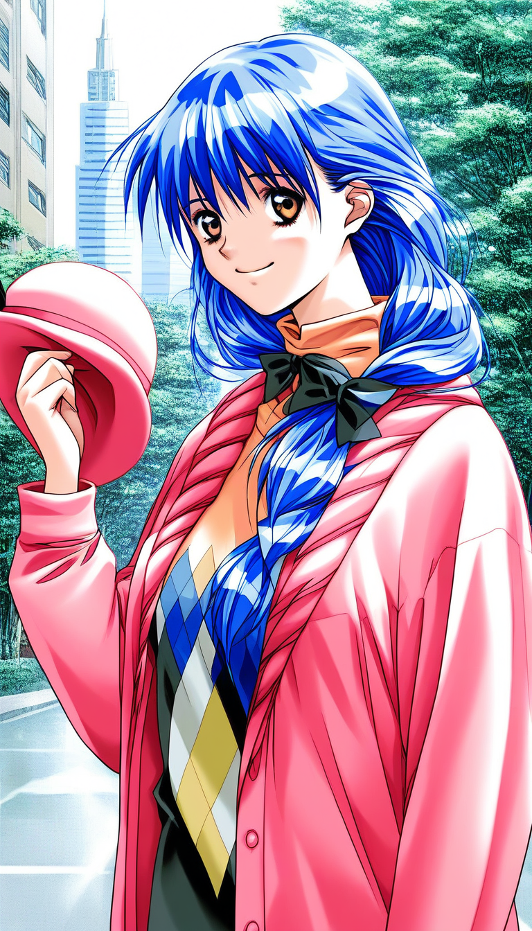 score_9, score_8_up, score_7_up, source_anime, rating_explicit, BREAK  <lora:Yasuda_Azumi_XL:1> Yasuda_Azumi, blue hair, long hair,  bangs, brown eyes, medium breasts, 
pink hat, holding,  headwear removed, holding hat, smile, pink jacket, hat removed, 1990s (style), 
jacket, upper body, bow, pink sweater, long sleeves, shirt, argyle, black bow, 
building, sky, tree,
looking at viewer,