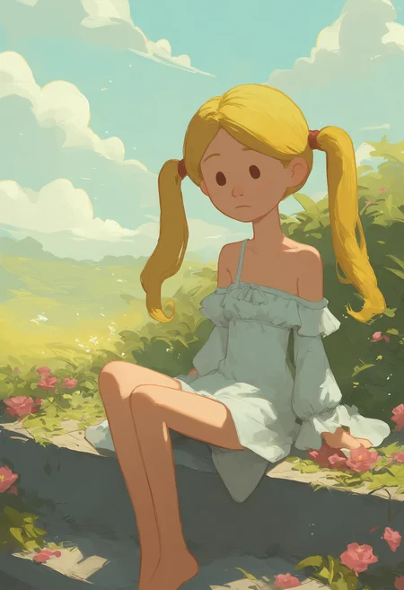 score_9, score_8_up, score_7_up, score_6_up, score_5_up, 1girl, solo,
masterpiece, best quality, absurdes,
<lora:Mean Girl Stole My Work - Instant Karma (Storybooth) (Pony):0.8>
MeanGirl_InstantKarma_Storybooth, blonde hair, pigtails, twintails, long hair, dot eyes,
summer dress, off shoulder, facing viewer, sitting,
detailed background, outdoors,
<lora:Expressive_H:0.7> Expressiveh,
<lora:add-detail-xl:0.9>