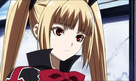 anime artwork illustrating RachelAlucardBB, 1girl, solo, long hair, bangs, blonde hair, red eyes, bow, twintails, black dress. created by japanese anime studio. highly emotional. best quality, high resolution