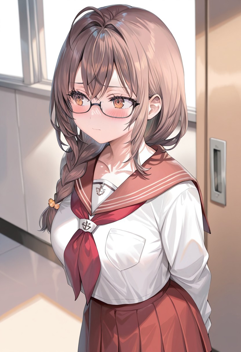 masterwork, perfect quality , amazing quality, absurdres, newest, hyper detailed, detailed, masterpiece, highly detailed, best quality, absolutely eye-catching, 1girl, medium_breasts ,brown_eyes brown_hair, long_hair, closed_mouth, arms_behind_back, black-framed_eyewear, blush ,braid, breast_pocket, glasses,over-rim_eyewear, pocket, red_sailor_collar, red_skirt, sailor_collar, school_uniform, semi-rimless_eyewear, serafuku, single_braid, skirt, solo, standing, (momoko_(momopoco):1)