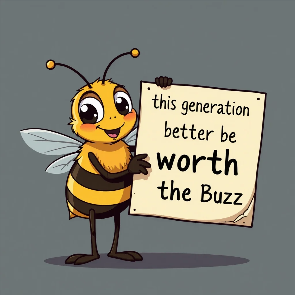 A cartoon bee holding up a sign that reads “this generation better be worth the Buzz”