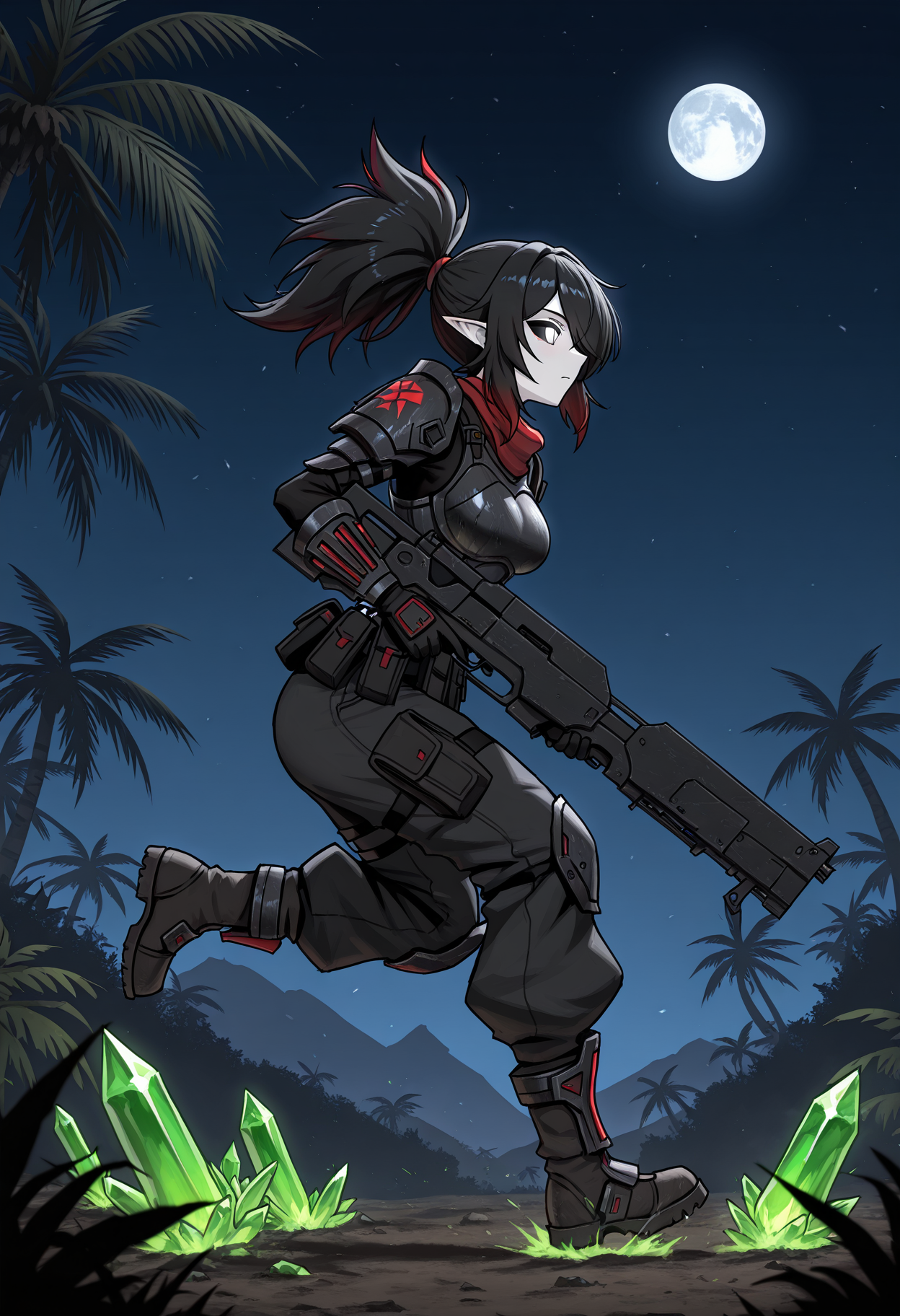 solo,1girl, white pale skin,medium breasts, long ponytail, ((black hair) , red hair, multicolored hair), hair over one eye, pointed ears, black sclera, white eyes, thin eyes, long face,
night, stars, moon, jungle, machinegun, holding weapon, running, glowing green crystals on ground, side view,
nodtrooper, science fiction, armor, gloves, boots, chestplate, shoulder armor,   pants, <lora:trooperNODC&CIL:1.2>,
masterpiece,best quality,amazing quality,   <lora:gogalkingIL-style:0.8>