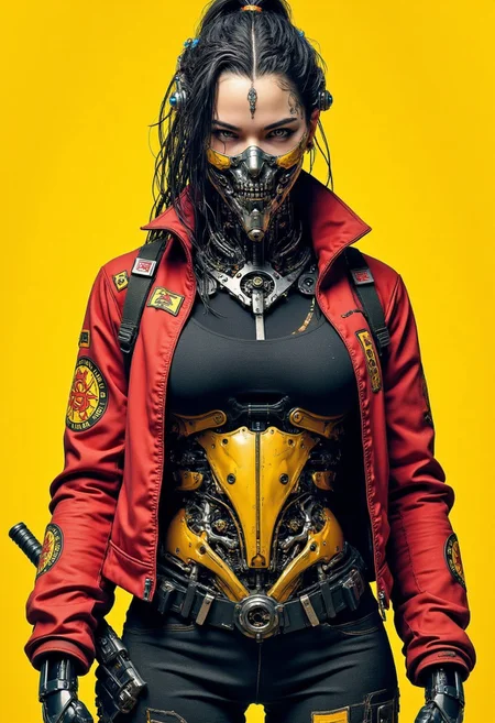 A stylized cyberpunk anime-inspired image of a female cyborg with exposed cybernetic implants on her forehead, ((metallic lower jaw, and mechanical elements around her skull):1.5), She has sharp, enhanced eyes, braided hair, and wears a red tactical jacket with Japanese symbols on the sleeves over a black top. Her torso reveals advanced cybernetic armor in gold and black, with intricate, exposed mechanics on the abdomen. She sports a rugged utility belt. The background is a bold, vibrant yellow, creating high contrast with her outfit and emphasizing the gritty, futuristic vibe of her cyber-enhanced appearance.