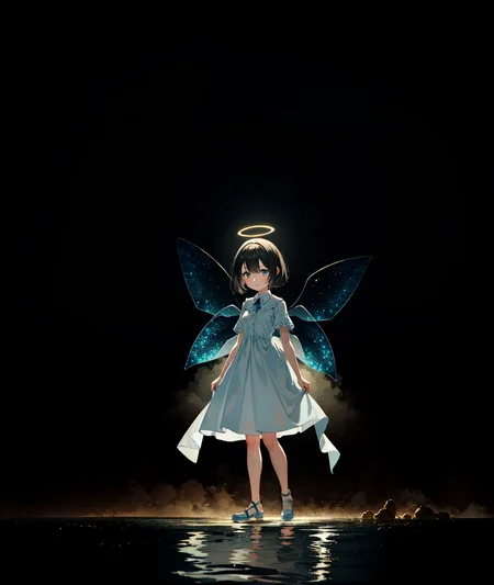 best quality, masterpiece, cinematic lighting, intricate, cinematic detailed realistic background, detailed face, full body, small breasts, ligne claire, detailed eyes, full body, highly detailed, vibrant colors, colorful, (chibi:1.1), realistic,
adorable cute smol 1girl, white cute dress, standing, wading, holy halo, smug, fantasy, fairy, descending heaven,
