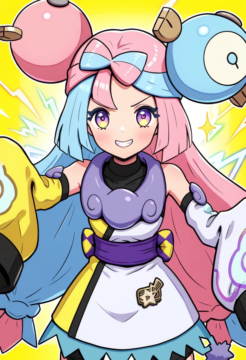 hinosaki, [[pokemoa, gonzarez]], 2d, masterpiece, best quality, amazing quality, 1girl, solo, close-up, standing, smile, upper body, leaning_forward, looking at viewer, multicolored background, sparkle, rainbow background, colorful background, electricity, sparks, sygiono, def colors, purple hair, blue hair, purple eyes, bow-shaped hair, low-tied long hair, character hair ornament, black shirt, sleeveless dress, two-tone dress, 
(white dress), [yellow dress], detached sleeves, yellow sleeves, white sleeves, purple collar, bare shoulders, sleeves past fingers, oversized clothes, purple sash, black shorts