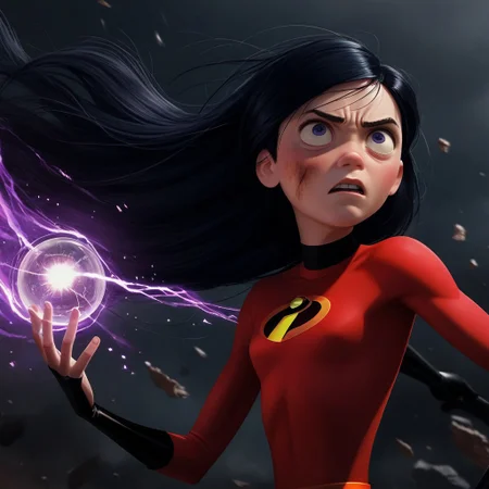 score_9, score_8_up, score_7_up, score_6_up, score_5_up, score_4_up, 1girl, VioletParr, superhero, long hair, torn clothes, cuts and bruises, determined look, wind blowing hair, purple energy balls, flat chest, skinny