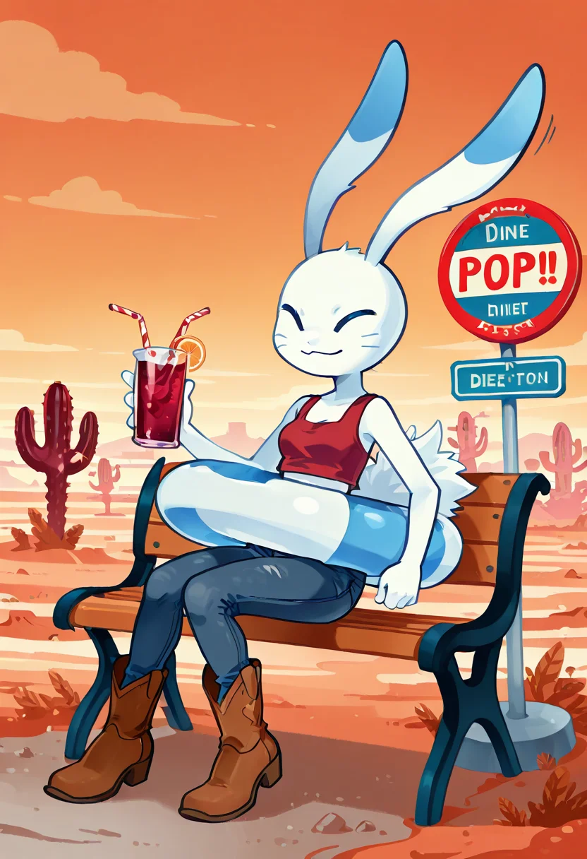 masterpiece, best quality, 1girl, solo,   [Desert Rest Stop Pop] zzWarabbit, blue striped innertube,, long rabbit ears, 1girl, solo, cropped tank, cutoff jeans, cowboy boots, heart-shaped cactus, diner sign, dusty bench, road trip western pop aesthetic, sitting pose â zzWarabbit slouches on a faded bench outside a sun-bleached desert diner, her blue striped innertube, deflated beside her like a travel-weary companion. She sips soda through a straw, long ears twitching as a tumbleweed rolls past. Her boots are scuffed, but her smile is defiant against the dry heat.  <lora:WarabbitPokedex_IXL:1.1>,  C0utur3Cr4z3, <lora:CoutureCraze_IXL:0.6>,