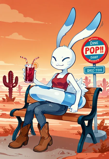 masterpiece, best quality, 1girl, solo,   [Desert Rest Stop Pop] zzWarabbit, blue striped innertube,, long rabbit ears, 1girl, solo, cropped tank, cutoff jeans, cowboy boots, heart-shaped cactus, diner sign, dusty bench, road trip western pop aesthetic, sitting pose â zzWarabbit slouches on a faded bench outside a sun-bleached desert diner, her blue striped innertube, deflated beside her like a travel-weary companion. She sips soda through a straw, long ears twitching as a tumbleweed rolls past. Her boots are scuffed, but her smile is defiant against the dry heat.  <lora:WarabbitPokedex_IXL:1.1>,  C0utur3Cr4z3, <lora:CoutureCraze_IXL:0.6>,
