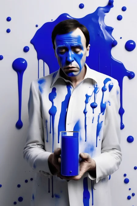 <lora:Yves Klein Style:1>Yves Klein Style - a man whose face is painted Yves Klein blue holding a glass cylinder and crying on a white background