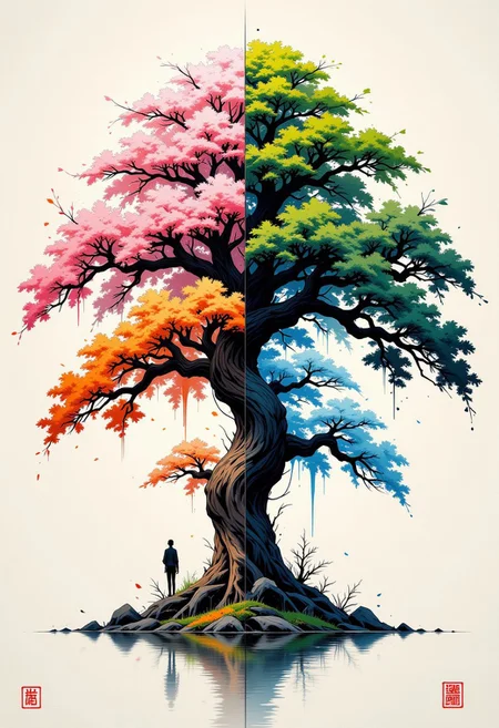 Poetic sumi-e of a single majestic tree whose foliage is very huge. The whole picture is split into four equal quadrant and the foliage of the splits into four according to the quadrant , each representing a different season.
Upper Left (Spring): The branches burst with ethereal pink cherry blossoms, glowing with a soft rose light and scattering delicate petals in a misty, pearl-colored sky.
Upper Right (Summer): Verdant branches flourish with rich green leaves and small golden fruits,
Lower Left (Autumn): Branches adorned with brilliant orange and gold leaves that seem to catch fire,
Lower Right (Winter): Crystalline branches covered in luminous ice-blue frost patterns, with a ethereal blue-white glow
The tree should appear as one unified organism at its base, with its trunk seamlessly dividing into these four seasonal aspects. .An asymmetrical composition guides the eye through bold brush strokes and intricate detailing, where the interplay of shadow and light brings the vessel to life. Minimal red seal marks anchor the lower corner, harmonized by calligraphic kanji that convey the transient nature of existence, The kanji text written "ĺ›ľć ·ĺ›ľćŁ®čż«ďĽŚä¸ŠĺŹ°ć‹żčˇŁćśŤ". The scattered ship elements embrace deliberate imperfections, celebrating wabi-sabi principles—some defined by a single masterful brushstroke, others shaped through a textured dry-brush technique. Subtle indigo undertones suggest twilight dissolving into evening,