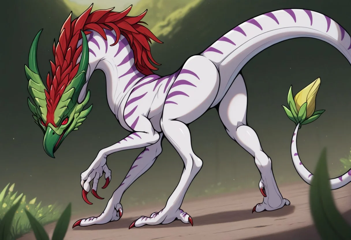 masterpiece, best quality, amazing quality, highres, absurdres, Gaula, plant monster, bullhorns, spine, red eyes, scales, claws, beak, gradient hair, white skin, purple stripes, green beak, sharp beak, long tail, claws, leaf mane along back, red eyes, red mane, mane along back, ((flowerbud attached to tail, perfect flowerbud tail, flowerbud-tipped tail, detailed flowerbud tail, flowerbud tail focus)):1.2, 4 legs, quadruped, claws, Dutch angle, high angle, close up, ((tail tip focus, tail tip in foreground)), depth of field,