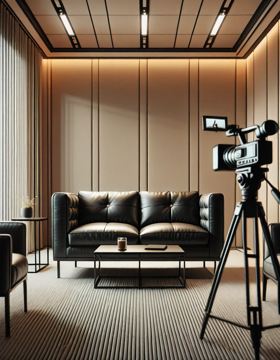 A high-quality, realistic photograph of a modern casting office interior featuring a simple black leather couch positioned against a plain white wall. The couch is sleek, clean, and minimalist in design, with smooth cushions and subtle stitching details. In front of the couch is a small, low wooden coffee table with a few neatly stacked magazines and a glass of water. To the side, there's a professional camera on a tripod aimed at the couch, with softbox lights set up to provide balanced, diffused lighting, eliminating harsh shadows. The floor is covered with light gray carpet, adding a soft texture to the scene. The atmosphere is quiet and neutral, resembling a professional interview space. The overall composition is centered and symmetrical, with a clear focus on the furniture and equipment. No people are present. The photograph has a natural daylight tone coming from an unseen window, giving a soft, ambient glow to the room.
<lora:SDXLFaeTastic2400:0.4> <lora:extremely_detailed:0.4> extremely detailed, <lora:C4st1ng_c0uch-i:1>,C4st1ng c0uch, Masterpiece,best quality,hi res,8k,hi res,8k,award winning,(sharp focus, intricate, highly detailed),