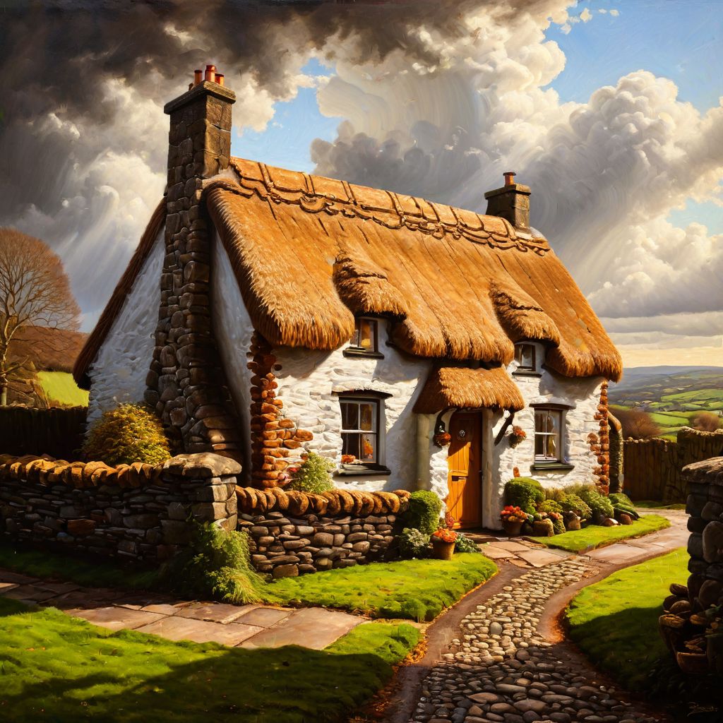 Oil painting, classic still life, Irish landscape, gingerbread cottage, lucky charms overflowing, traditional thatched roof, rustic stone chimney, dramatic lighting, hyperrealistic texture, detailed brushwork
