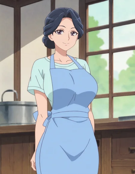 score_9, score_8_up, score_7_up, anime screencap, solo,1girl, sawaizuminao,t-shirt,apron, looking at viewer, smile,large breasts,huge ass,cowboy shot,<lora:sawaizuminao_pony:0.8>