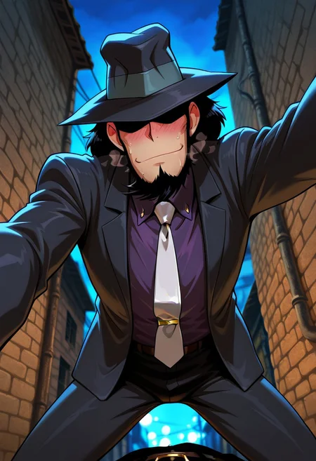 safe_pos, safe_pos, score_9, score_8_up, score_7_up, score_6_up, perfect anatomy, perfect proportions, best quality, masterpiece, high_resolution, high quality, best aesthetic, absurdres, highres, extremely detailed, huge filesize, solo male, adult, mature, masculine, manly, handsome, charming, alluring, standing, upper body, dutch angle, cowboy shot, perfect face, perfect eyes, source_anime \(Lupin III\), anime coloring \(Lupin III\), Daisuke Jigeni, LP3Jigen, black hair, sideburns, facial hair, chinstrap beard, jawline beard, eyeless, hidden eyes, eyes in shadow, eyes hidden by shadows, fedora, LP3Jigen_outfit02, black suit, purple collared shirt, white necktie, black blazer, black pants, black boots, single arm raised, leaning on wall, outdoor, alley, nught, dark, sexy, on top of viewer focus, legs apart, leaning forward, nervous, blurred background, expressive face, looking down at viewer, bend over, from below, dynamic angle, foreshortening, pov, intricately detailed illustration, atmospheric perspective, depth of field, newest, seductive_pose, bedroom eyes, low angle, steamy, exciting, heavy breathing, bashful, blushing, sweating, steamy, kinky, movie still, vibrant, vivid, stardom, glamorous, extraordinary achievement, award-winning, expressionist, cinematic still, emotional, harmonious, vignette, bokeh, cinemascope, moody, epic, gorgeous