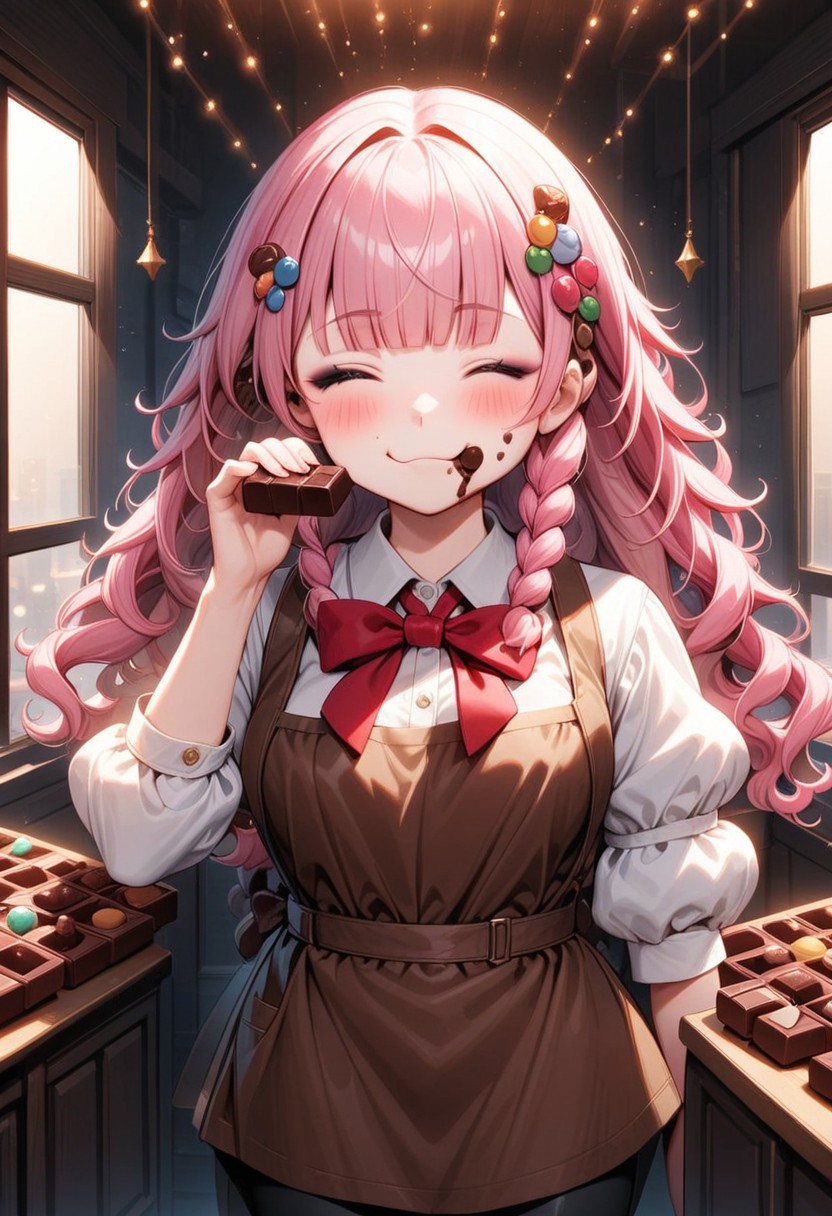 ((masterpiece), (best quality), (ultra-detailed), 
illustration, 2DMM, 
1girl, solo, pink hair, blunt bangs, curly hair, red bowtie , indoor, puffy sleeves,
white shirt, black pants, brown apron, 
  closed eyes, black eyeshadow,
Indoor,  more Candy's,
glossy, delicate frame, angelic appearance, 
hair ornament,chiaroscuro shading, perfect body, dim natural light, night, window, soft smile, blushing,  smile,  portrait, face focus , traces of chocolate near the mouth, two holding a chocolate bar, puffy cheeks , eats a chocolate bar,
 absurdres, cowboy shot,
   sharped eyes, sharp focus, angelic appearance,  side braids, night, darkness)