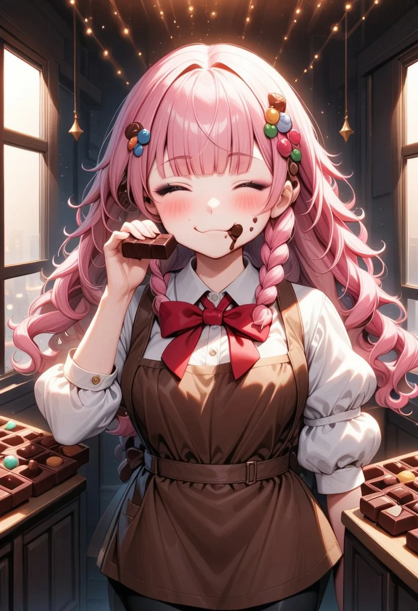 ((masterpiece), (best quality), (ultra-detailed), 
illustration, 2DMM, 
1girl, solo, pink hair, blunt bangs, curly hair, red bowtie , indoor, puffy sleeves,
white shirt, black pants, brown apron, 
  closed eyes, black eyeshadow,
Indoor,  more Candy's,
glossy, delicate frame, angelic appearance, 
hair ornament,chiaroscuro shading, perfect body, dim natural light, night, window, soft smile, blushing,  smile,  portrait, face focus , traces of chocolate near the mouth, two holding a chocolate bar, puffy cheeks , eats a chocolate bar,
 absurdres, cowboy shot,
   sharped eyes, sharp focus, angelic appearance,  side braids, night, darkness)