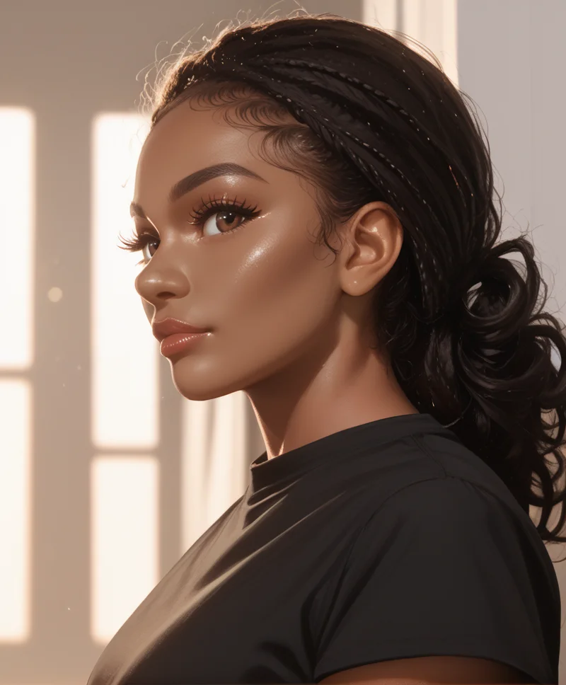 score_9, score_8_up, score_7_up, Shot framing with side profile shot, wildlife photography, and harsh, direct sunlight. ,<lora:Sweetie_Pony:1> sweetie 1girl, solo, dark skin, lips, black crewneck shirt, woman