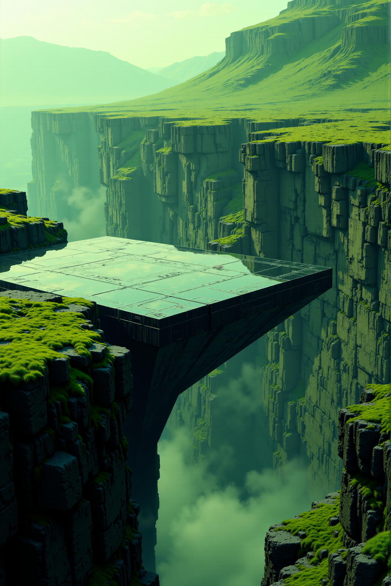 <lora:Legacy_of_the_forerunners_r1:0.7>
At the edge of a moss-covered escarpment, an obsidian-colored platform juts out into empty air, perfectly squared and anchored into the living rock by a single support core of seamless alloy. The platform's surface is a mirror of geometric channels and raised pressure nodes, forming an interface grid long deactivated but not degraded. Faint glimmers run along certain edges, suggesting a residual charge. In the abyss below, subtle heat haze distorts the view, hinting at suspended reactors or vaults lost beneath the cliffline. The design is absolutely precise, alien in proportion yet fully integrated with the natural cliffâs curvature. Architectural aesthetic: minimal-gravity fusion geometry, realized in neutral-black with pale green overglow and erosion-touched surfaces. Camera: dynamic oblique angle from above, emphasizing the void below and the unnatural stillness of the structure.