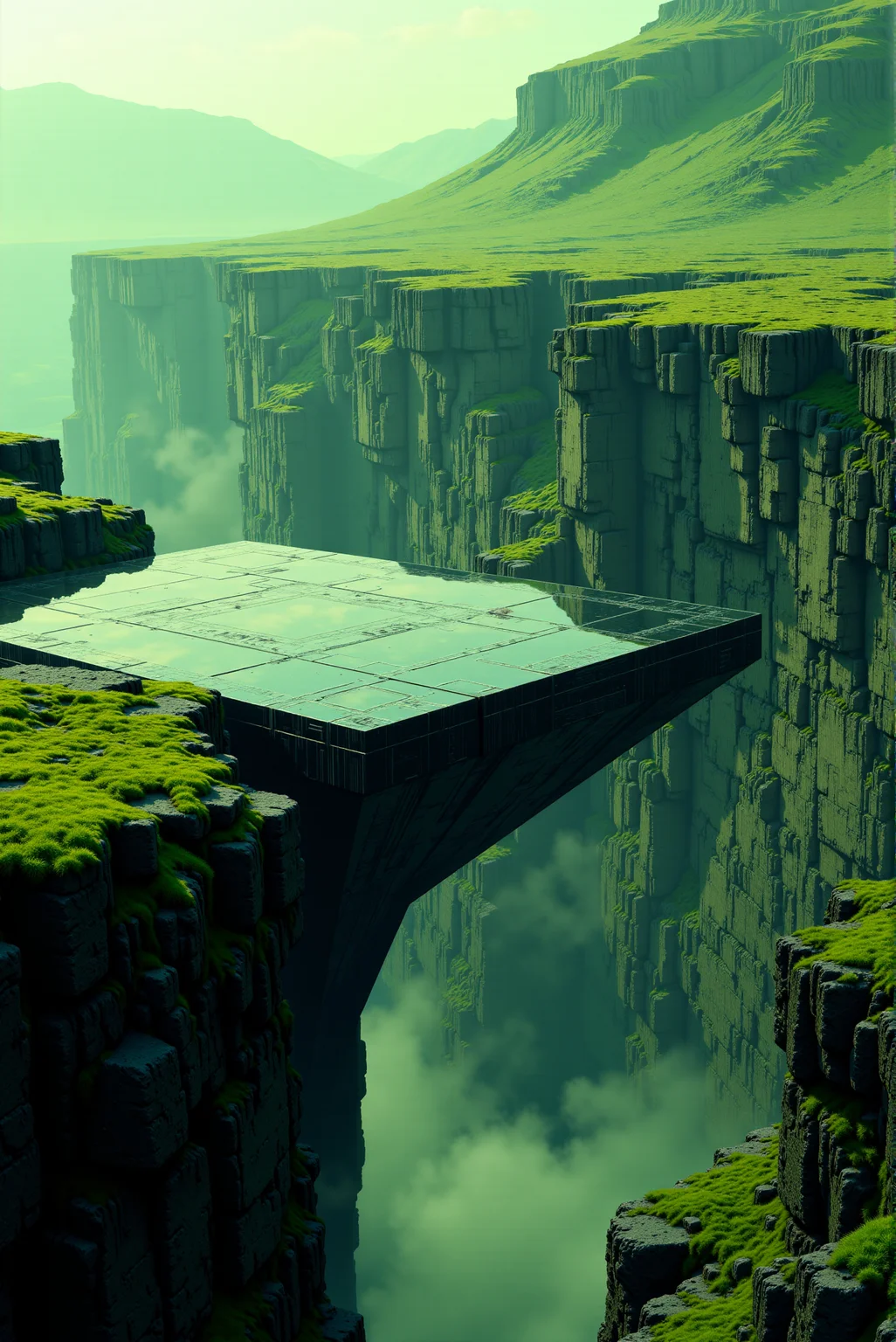 <lora:Legacy_of_the_forerunners_r1:0.7>
At the edge of a moss-covered escarpment, an obsidian-colored platform juts out into empty air, perfectly squared and anchored into the living rock by a single support core of seamless alloy. The platform's surface is a mirror of geometric channels and raised pressure nodes, forming an interface grid long deactivated but not degraded. Faint glimmers run along certain edges, suggesting a residual charge. In the abyss below, subtle heat haze distorts the view, hinting at suspended reactors or vaults lost beneath the cliffline. The design is absolutely precise, alien in proportion yet fully integrated with the natural cliffâs curvature. Architectural aesthetic: minimal-gravity fusion geometry, realized in neutral-black with pale green overglow and erosion-touched surfaces. Camera: dynamic oblique angle from above, emphasizing the void below and the unnatural stillness of the structure.