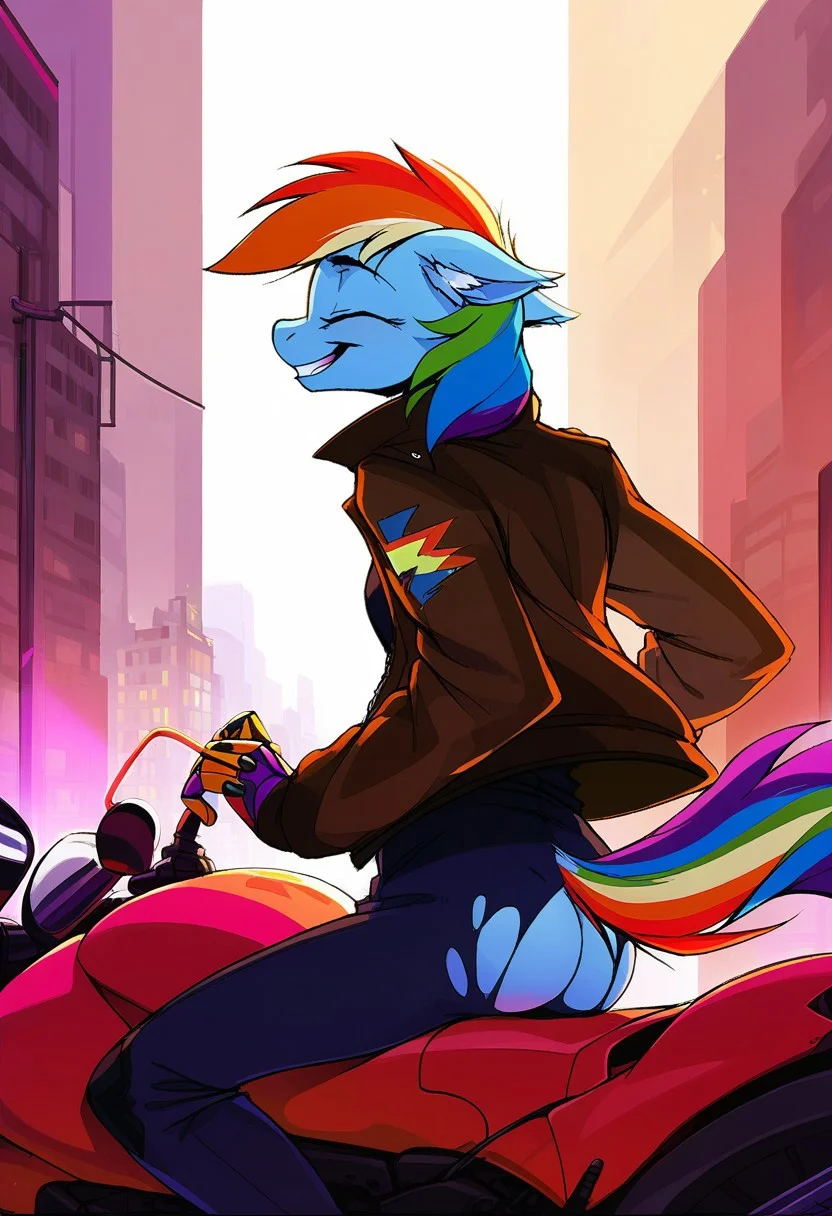 score_9, best quality, masterpiece, source_anime, Rainbow Dash, 1gril, solo, anthro, teasing smile, butt, eyes closet, floppy ears, mare, smiling, free tail, teasing mouth, cyberpunk, neon, mechanical arm, riding a motorcycle, laughing, masterpiece, detailed soft lighting, ear fluff, city background, jacket, pants, torn clothes