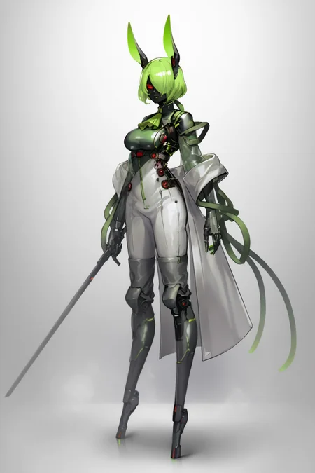 score_9, score_8_up, score_7_up, score_6_up, score_5_up, score_4_up, BREAK, source_anime, solo, 1girl, rating_safe, ((mature female)), ((long green flowing hair)), mechanical parts, (big backwards folded mechanical rabbit ears), mature female, (bunny ears), (animal ears), subdermal port, ((milf, mature female, big breasts)), hexagon lines in skin, naval uniform overcoat, naval uniform, white military uniform, dress_uniform, ribbons, ((red eyes)), bunny tail, rabbit tail, aiguillette, ((green hair)), ascot, ((Ground level (from the side) view Extreme Close shot)), latex pilot suit, shoulder cutout, bunny rabbit Tail, ((hair over one eye, )), digitigrade, clawed feet, minimal clothes, ((metal skin, shiny skin, vampire aesthetic, digital eyes, filled eyes, monochromatic eyes, glowing eyes, colored sclera, red sclera, mechanical eyes, partially shaded face, )), <lora:ECHANIS:1>, <lora:Borg Assimilation:0.8> BORG (RACE), BORG <MAN/WOMAN>, BROG QUEEN (STAR TREK)